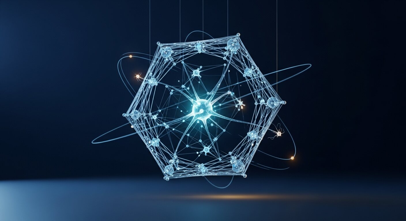 Abstract hexagonal lattice network representing distributed consensus and the convergence of AI with distributed ledger technology
