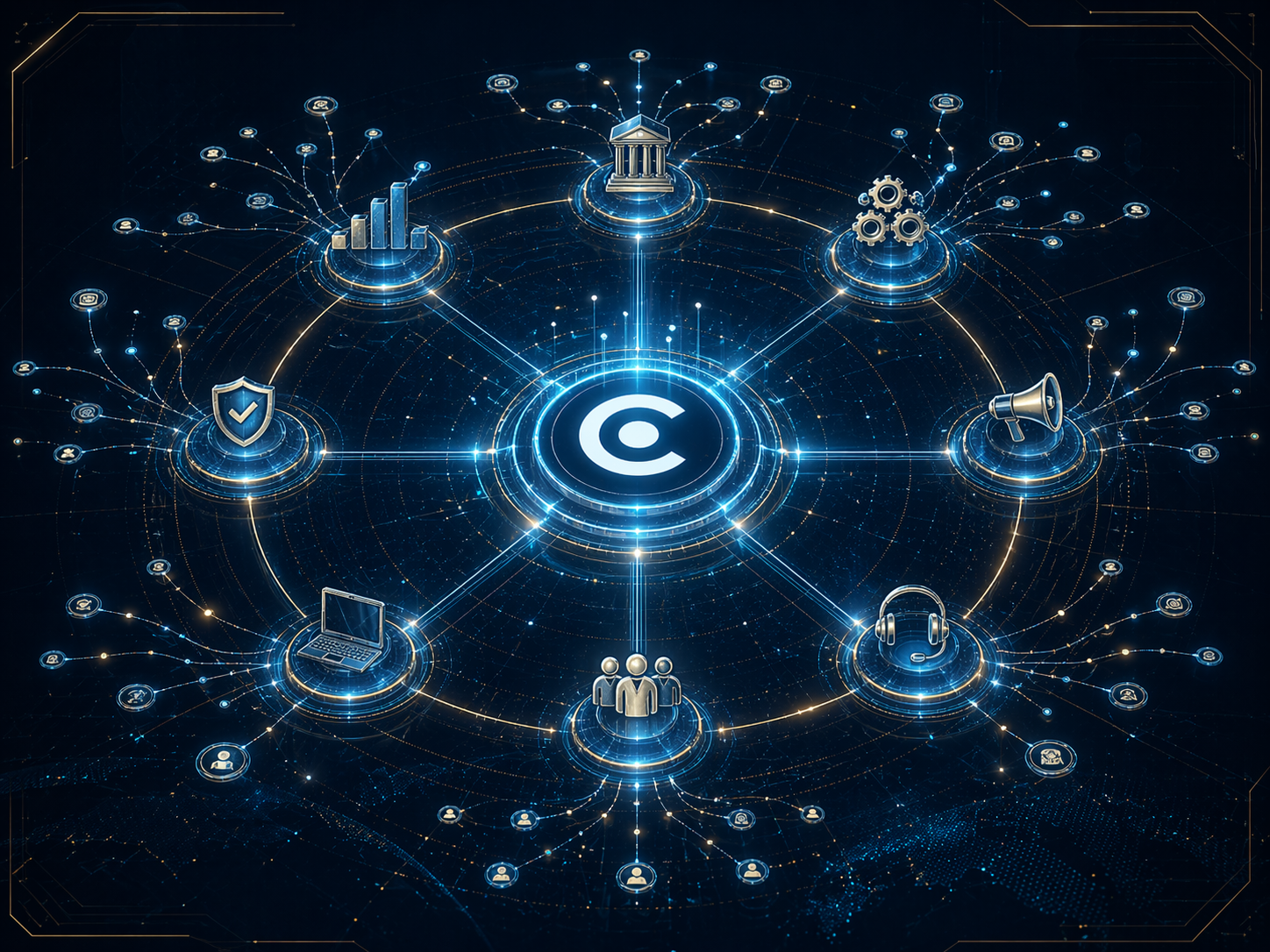 Agentic opportunity universe — departments orbiting a central ColdAI intelligence layer