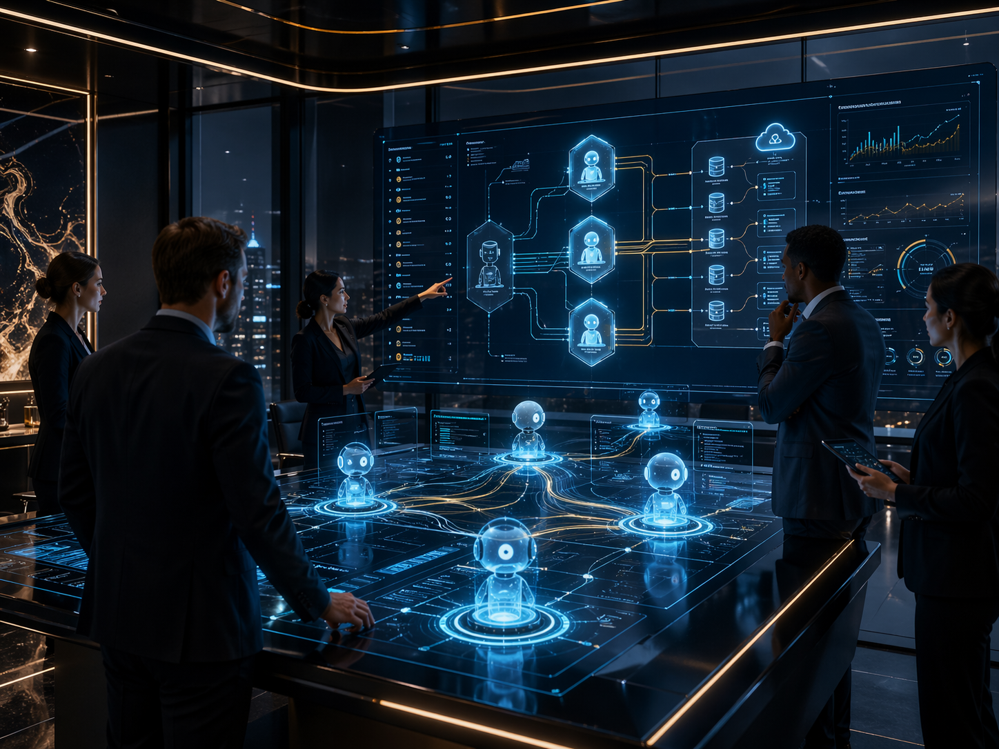 Production AI implementation — engineers and operating partners deploying autonomous agents into enterprise systems