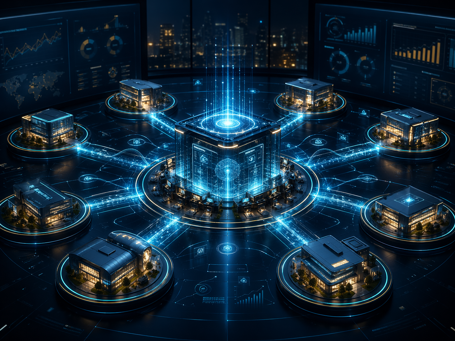Portfolio-level PE value creation system — multiple companies connected to a central AI transformation factory